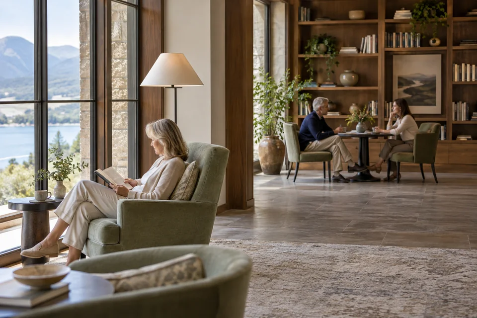 A guest reading by a window while two adults talk quietly at a nearby table.