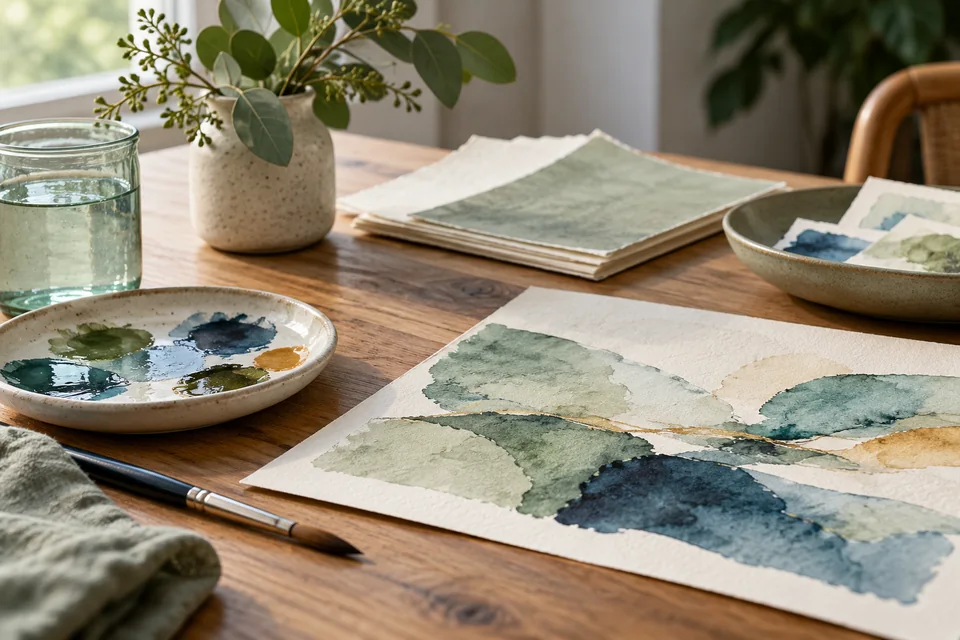 Watercolour materials and a sketch on a timber table.