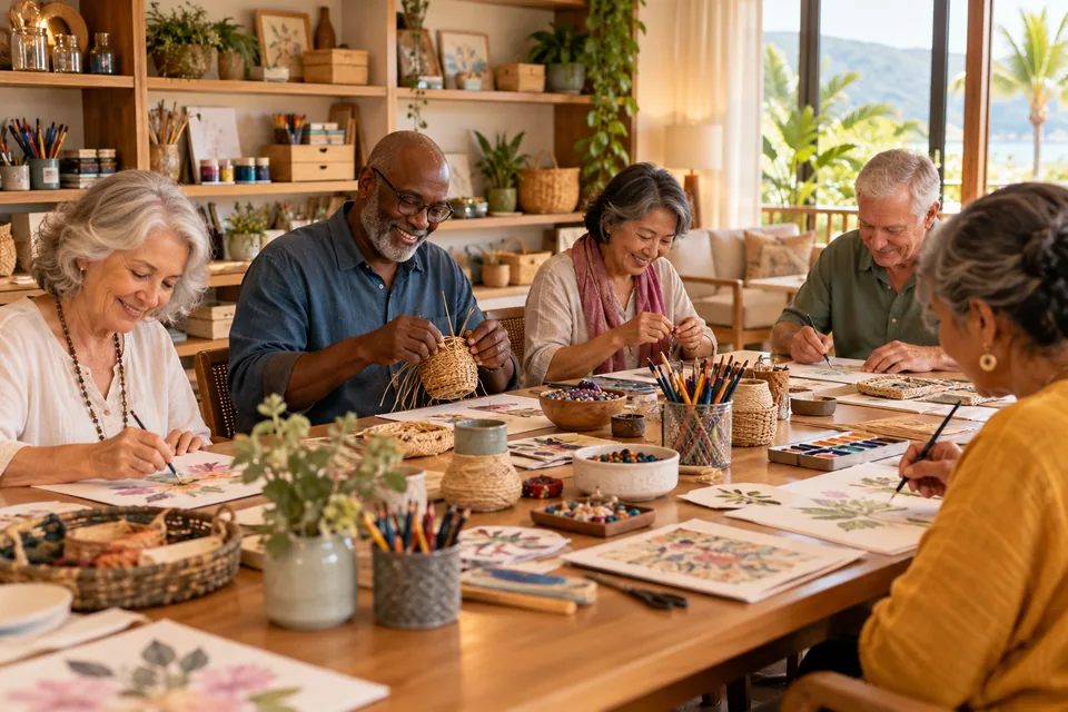 Adults sharing a relaxed craft activity at a communal worktable.