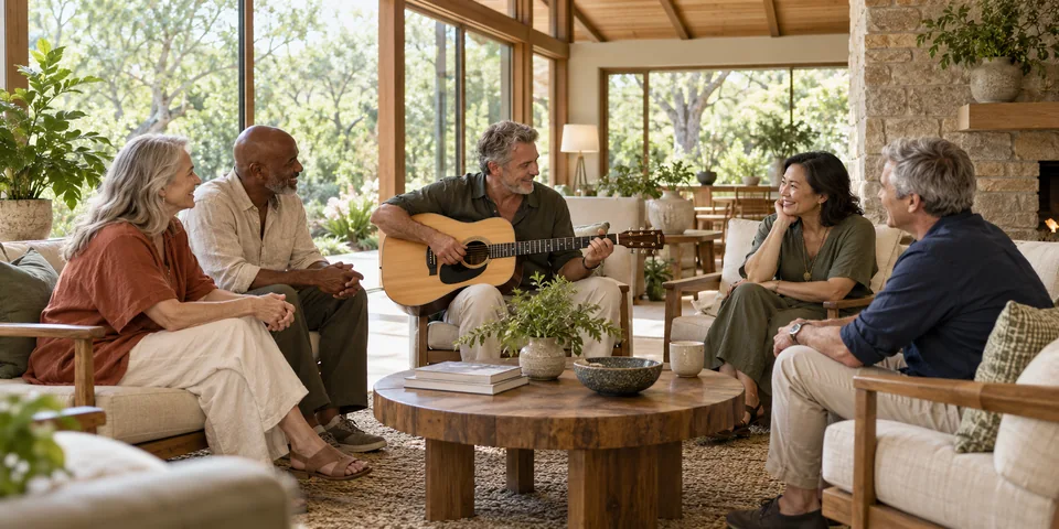 Adults sharing an informal acoustic music moment in a sunlit communal lounge.