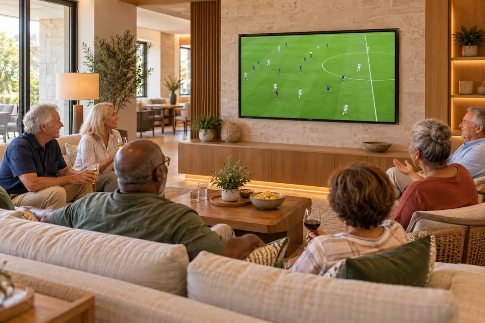 Guests watching a sports screening together in a shared lounge.