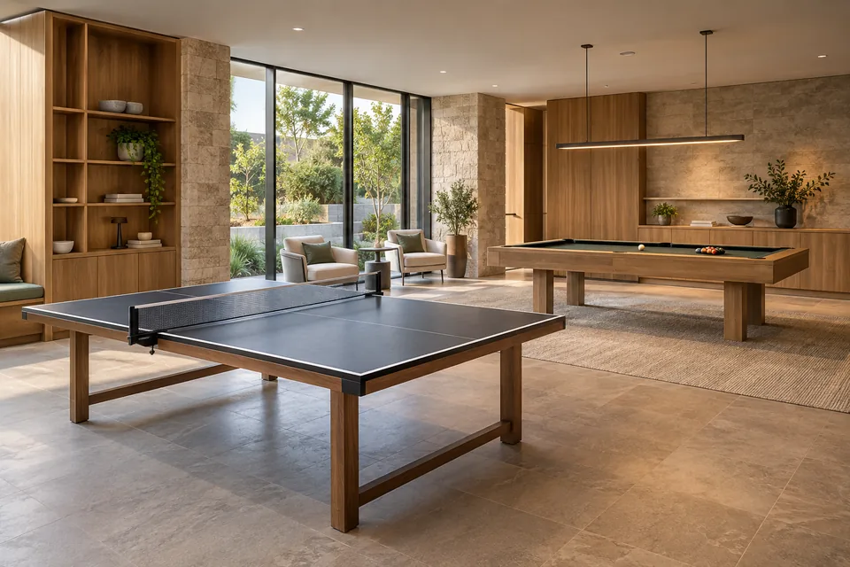 View of a proposed indoor recreation room with a table-tennis table and billiards table, with open circulation and comfortable seating.