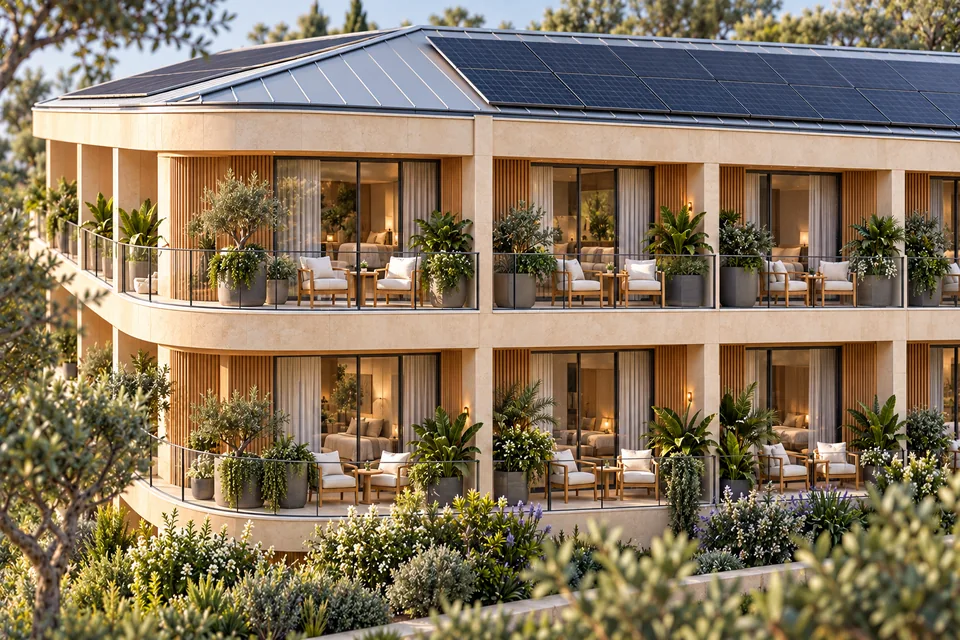 View of the repeated two-storey courtyard-ring residential facade, rounded balcony corner and solar-ready roof edge.