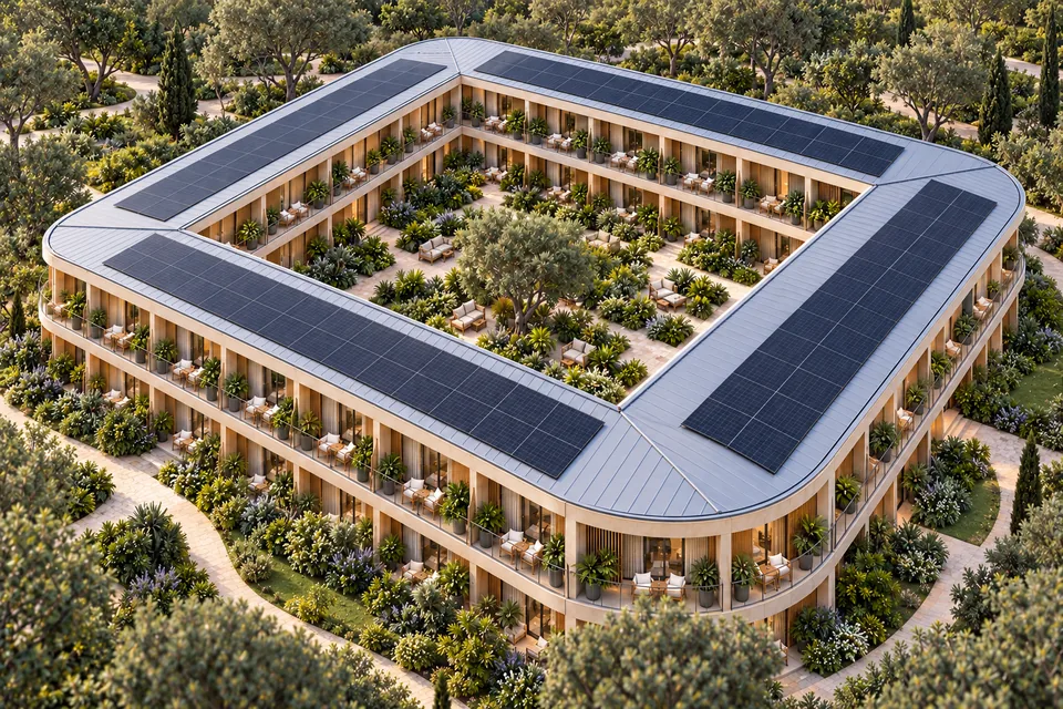 Aerial view of a proposed closed-courtyard residential building with a planted centre, balconies and a coordinated roof.
