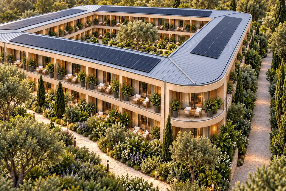 Illustrative view of a resort service access area, showing how deliveries and maintenance movement can be planned alongside guest spaces.