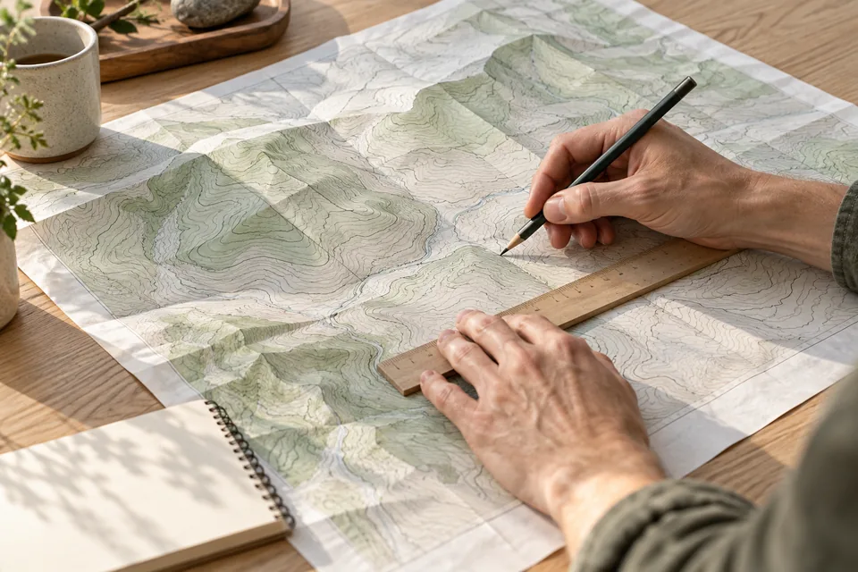 Hands reviewing contour lines on a map with a pencil and ruler.