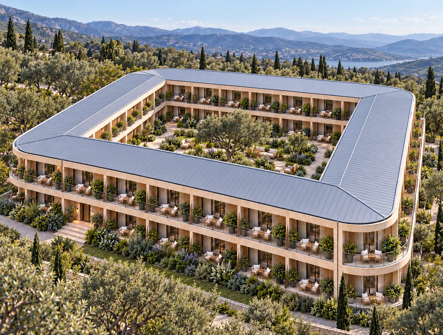 Illustrative view of the proposed resort campus and shared courtyard setting.