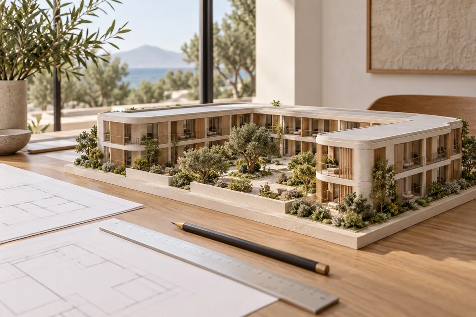 An architectural courtyard model and plans on a studio table, representing the development work required before guest income begins.