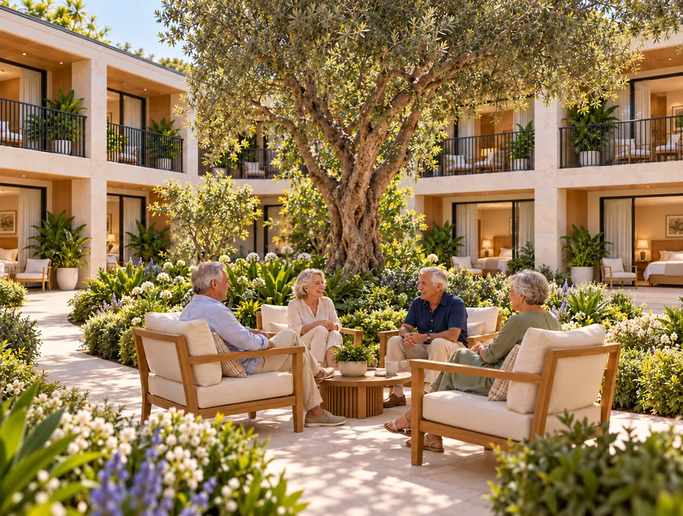 Outdoor community table and shared courtyard spaces.