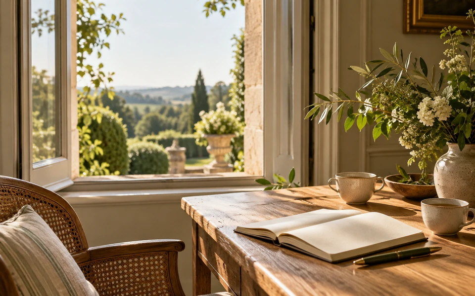 A blank notebook and two cups on a quiet writing table beside a garden window.