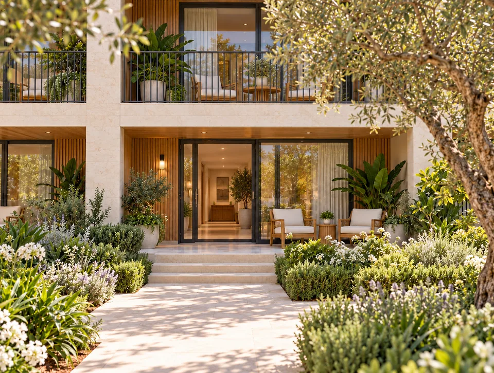 View across a covered courtyard walkway beneath the repeated two-storey residential design.
