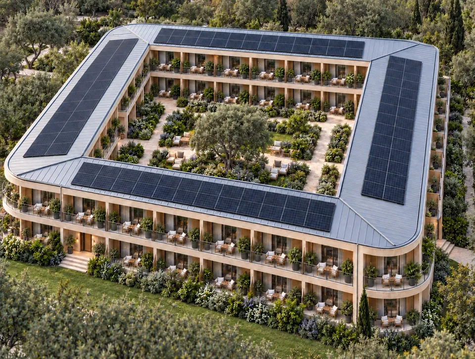 View of a two-storey courtyard-ring residence with four connected wings, a planted open center, balconies and solar-ready roof planes.