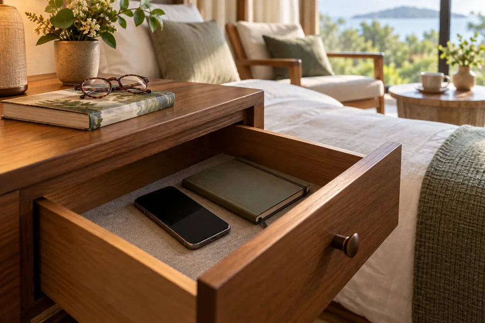Personal smartphone placed by its owner in an open bedside drawer beside a notebook and reading glasses; the drawer is accessible and unlocked.