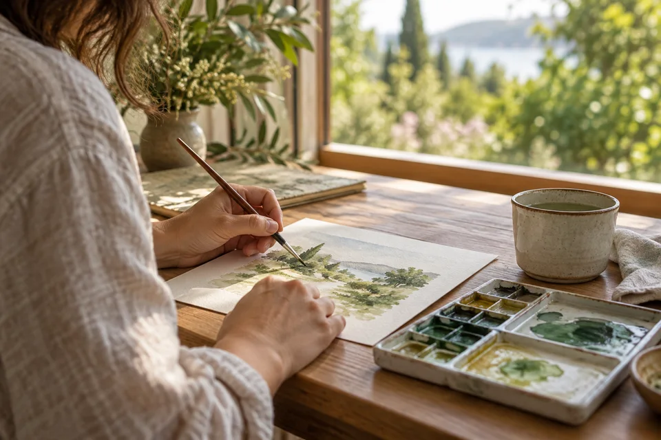 An adult painting a watercolor beside a garden-view window.