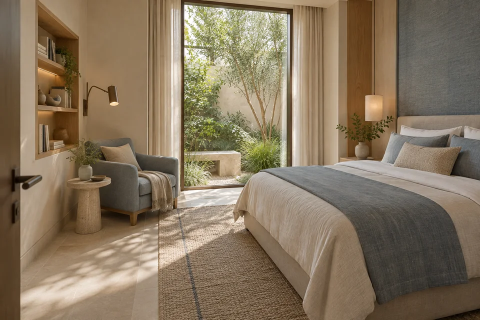 A television-free guest room with a wall bookshelf, reading light and comfortable armchair.