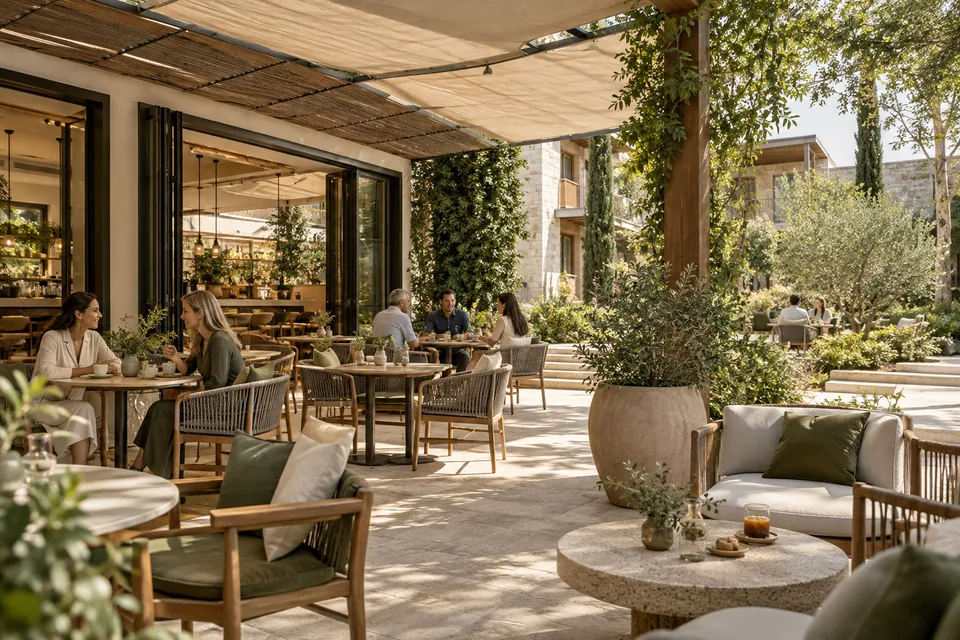 View of an informal courtyard café and shaded terrace with adults in conversation