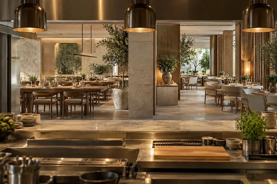 View over a central kitchen service counter toward two adjoining restaurant dining areas with different table arrangements.