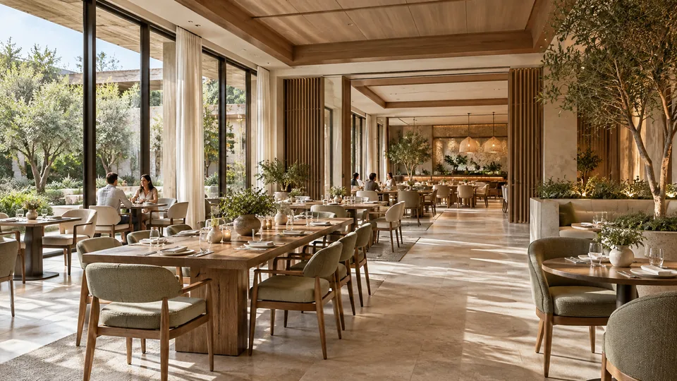 View of a contemporary restaurant with larger shared tables, smaller tables and clear circulation beside a planted courtyard