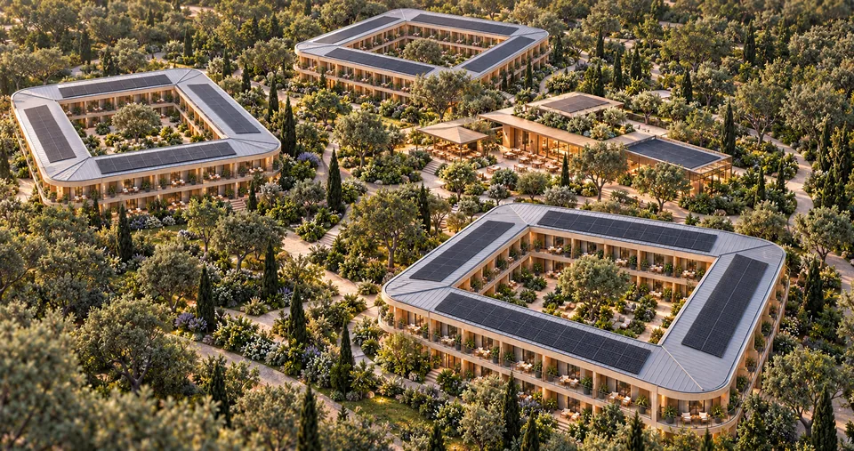 A proposed courtyard campus viewed from above, illustrating the wider setting that phased work must respect.