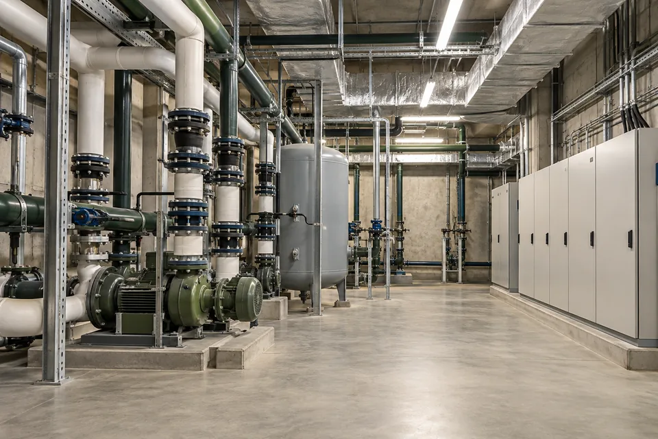 Unbranded building utility systems and clear service access in a generic technical plant room.