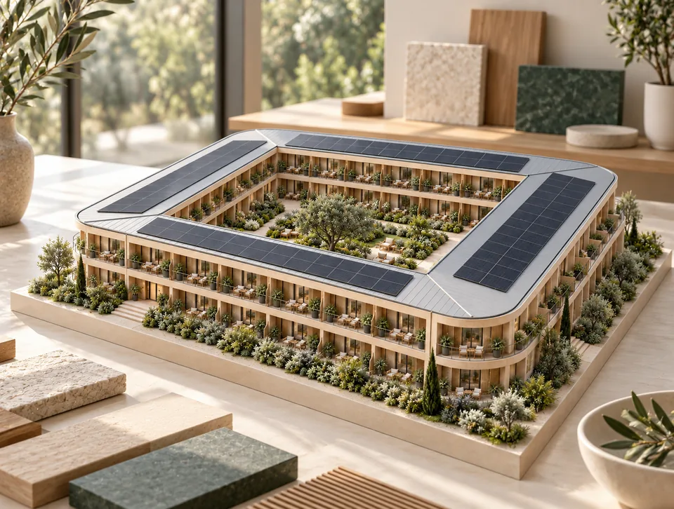 Illustrative architectural model of a proposed courtyard resort, showing a concept that would require development funding.