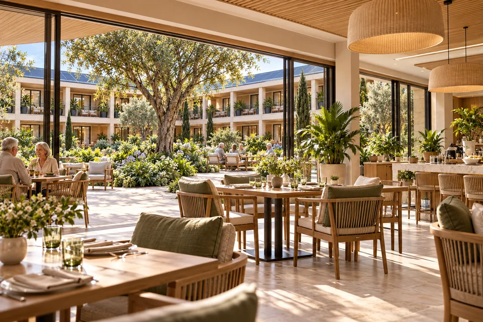 Dining pavilion with tables, broad garden views and the courtyard residence beyond.