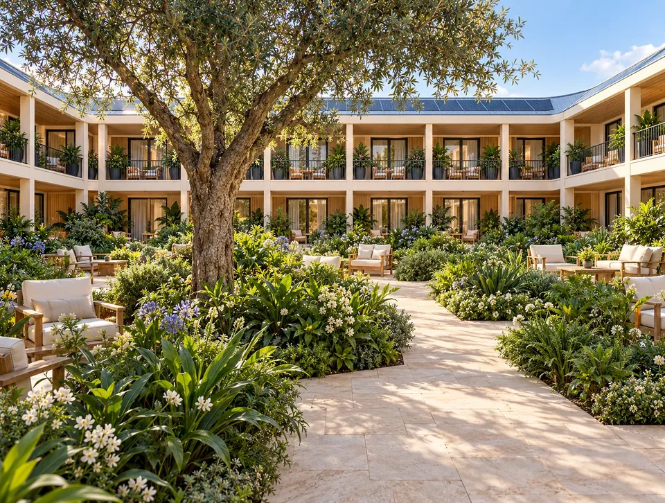 Landscaped courtyard path beneath a mature tree.