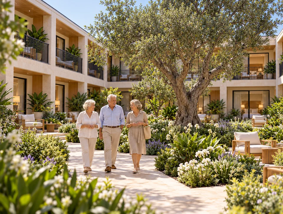 Older adults taking a relaxed walk through a planted resort courtyard.
