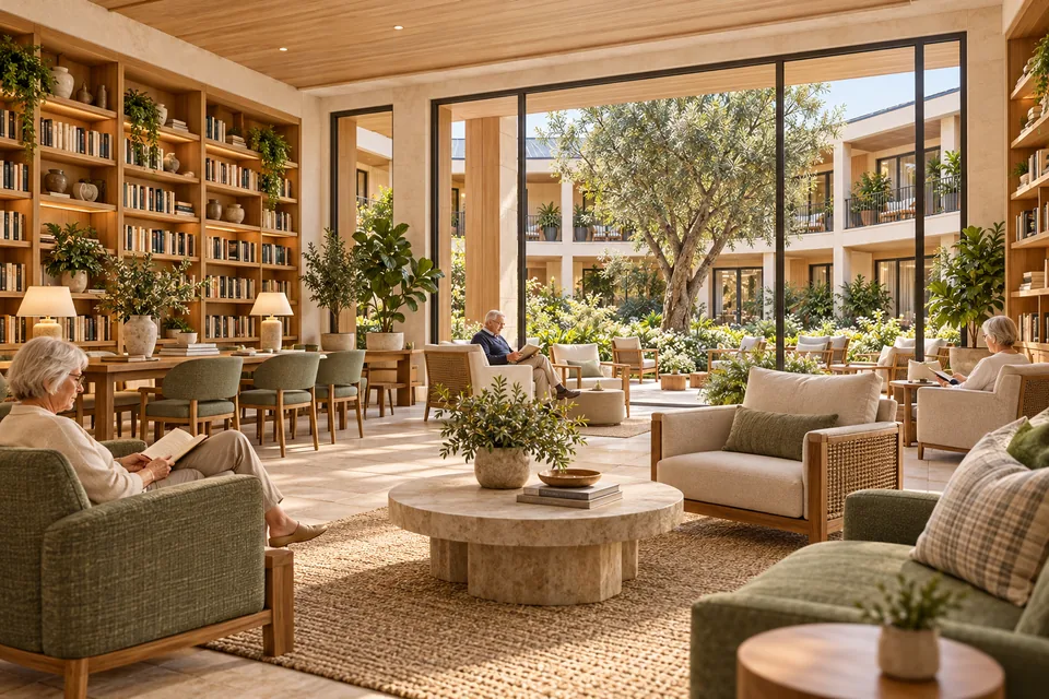 Shared library and reading lounge opening onto a landscaped courtyard.