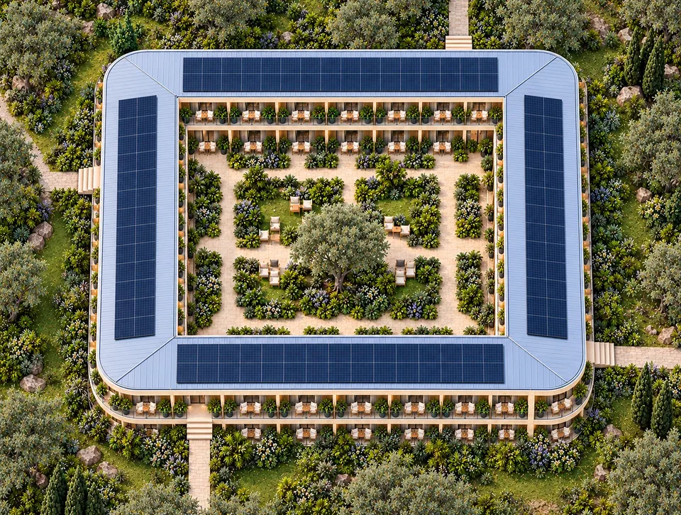 Aerial view of a proposed courtyard-ring residence, representing property and infrastructure within a potential funding scope.