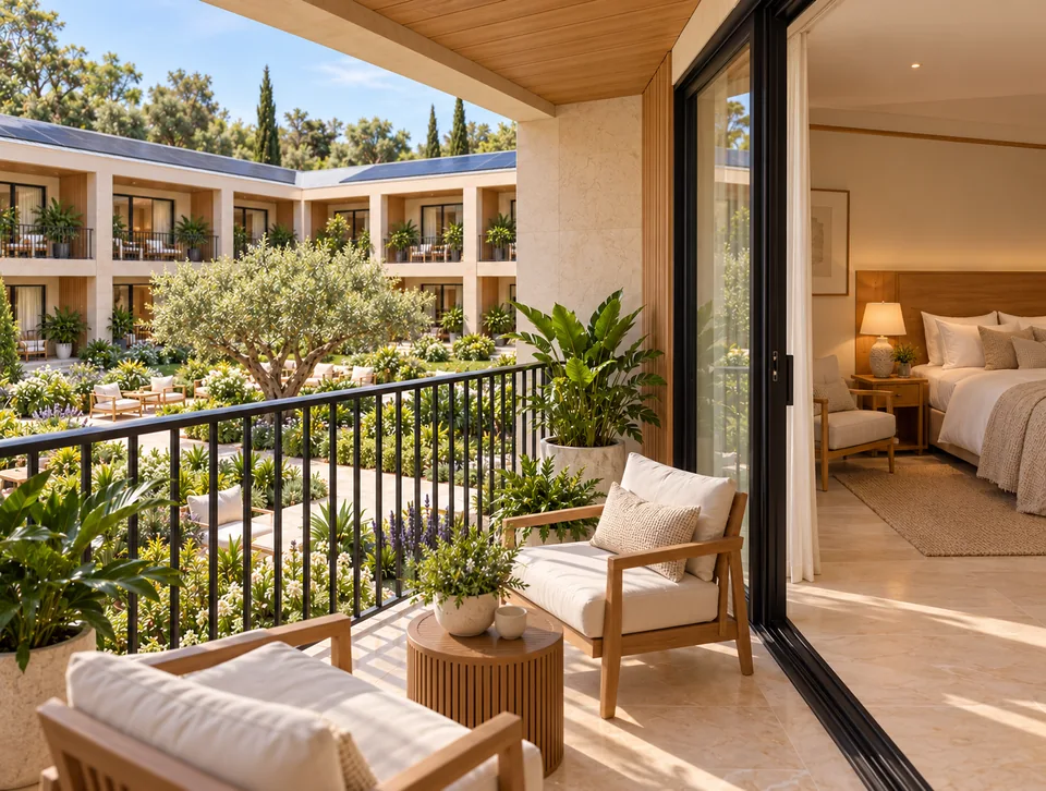 A quiet private room and balcony concept suited to people seeking their own space.