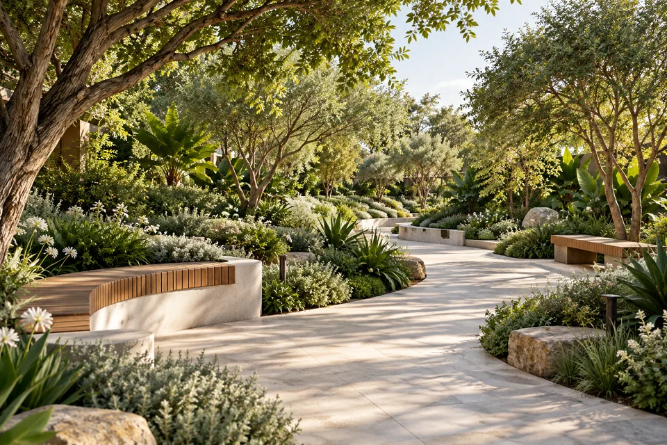 View of a planted central garden with shaded paths, built-in seating and layered greenery
