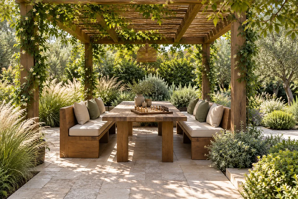 A covered garden table with benches and a chessboard, set among layered planting.