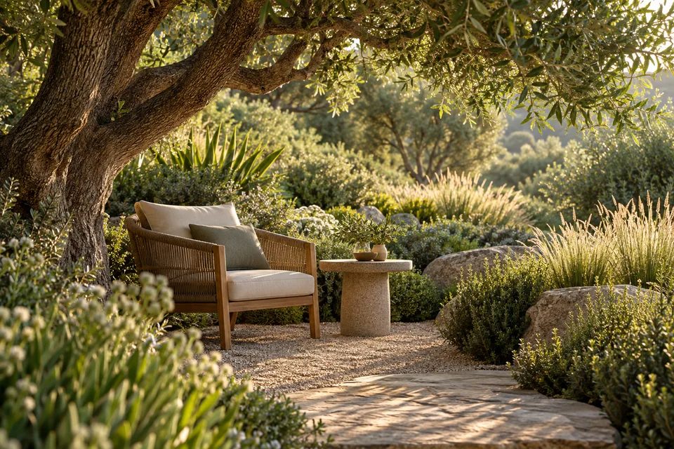 A shaded garden reading corner with a comfortable chair beneath a mature tree.