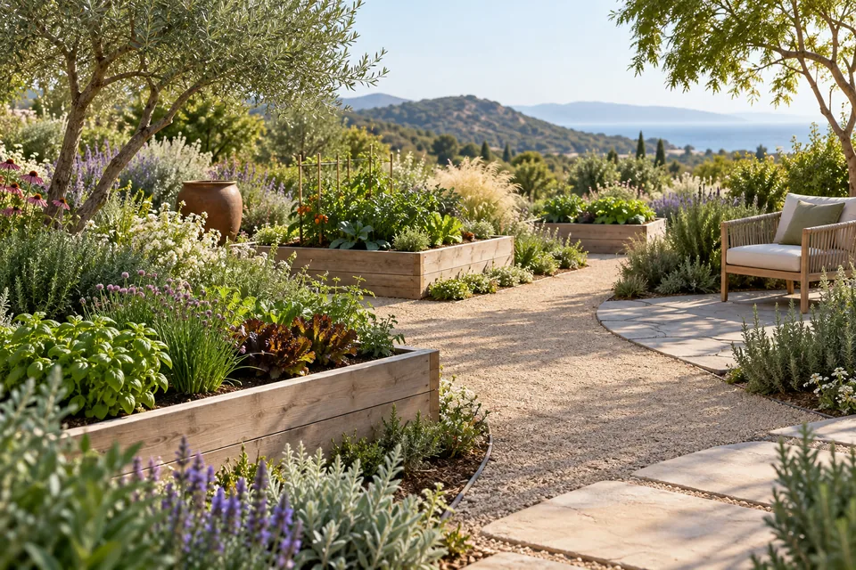 View of modest raised beds with herbs, flowers and vegetables beside a clear garden path and resting seat.