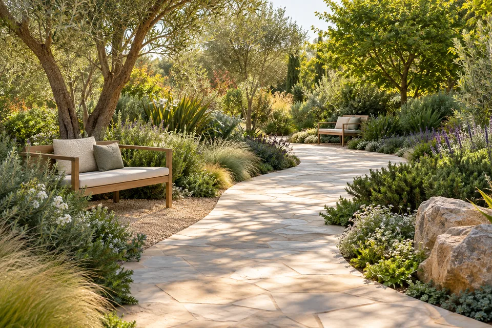 View of a curving garden path with comfortable benches and planting that creates distinct places to pause.