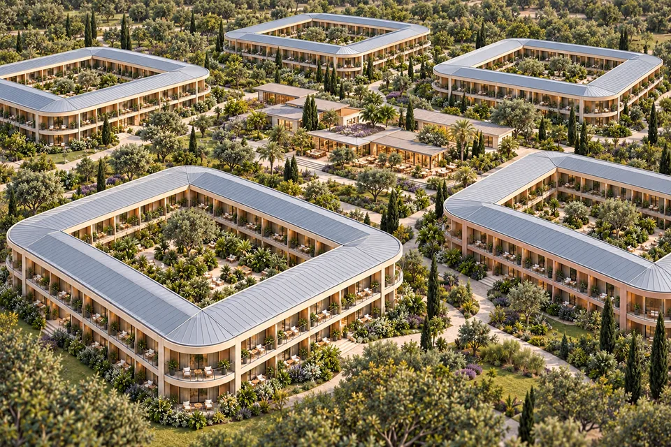 Aerial view of connected low-rise courtyard-ring residences, each arranged around a planted open center within shared gardens.