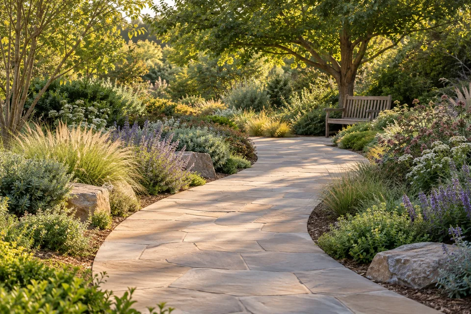 A gently curving garden walkway passing layered planting and a shaded bench.