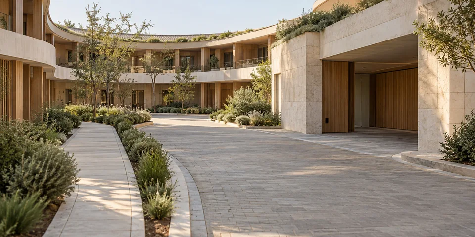 A discreet service entrance and paved access court beside planted pedestrian routes and a two-storey courtyard building.