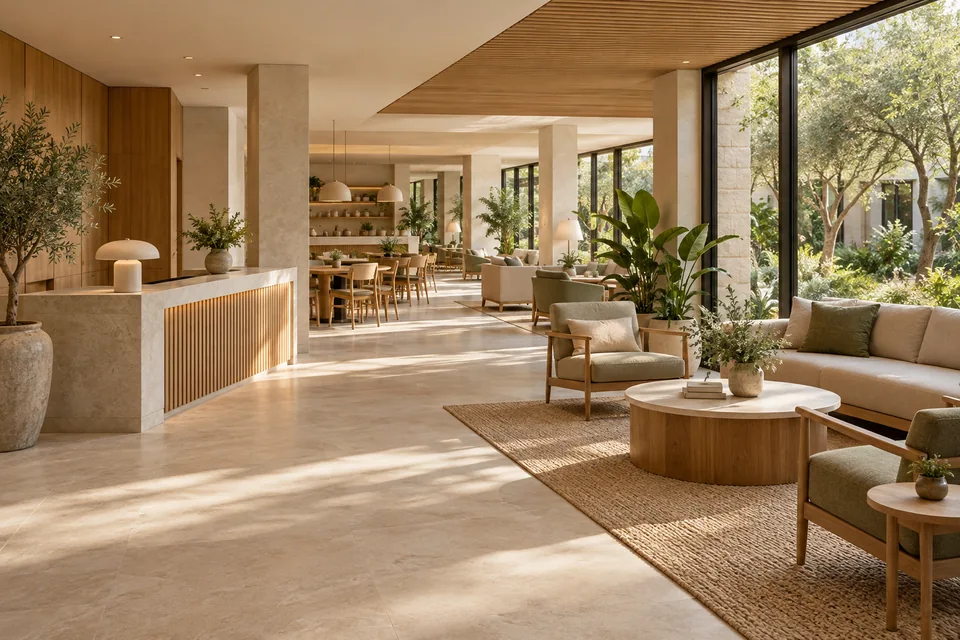 A shared reception lounge with café tables and windows looking toward a planted courtyard.