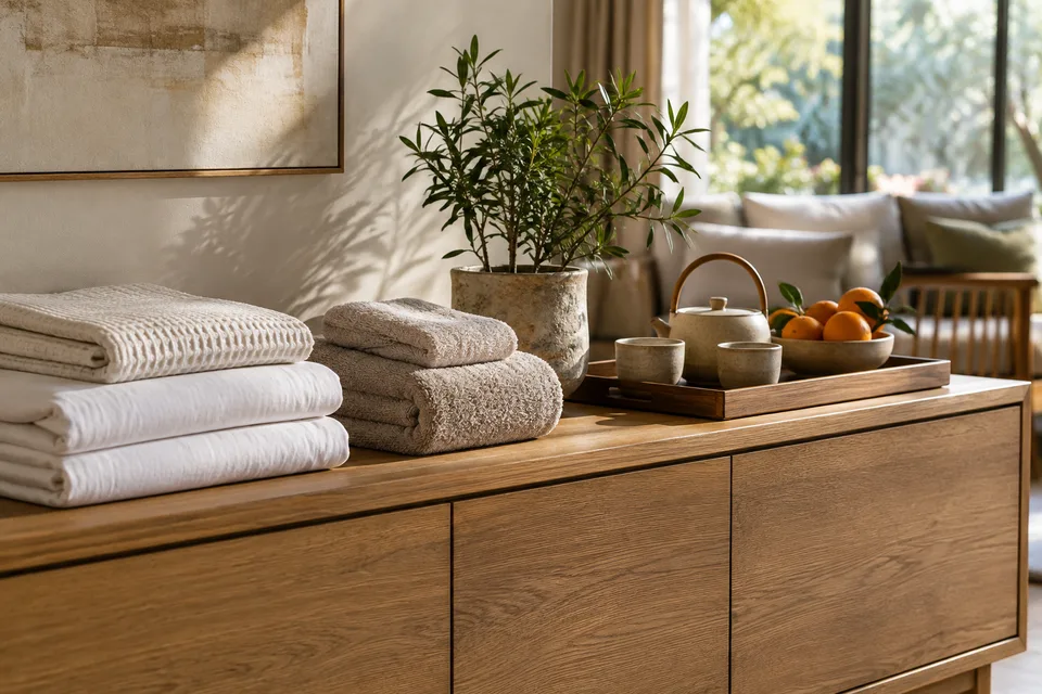 Fresh folded linen and towels beside tea and fruit on a wooden sideboard in a quiet shared lounge.