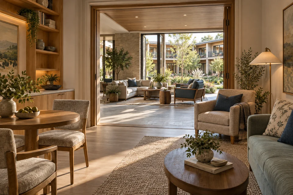 A private sitting and dining area opening through a wide doorway onto a shared courtyard lounge.