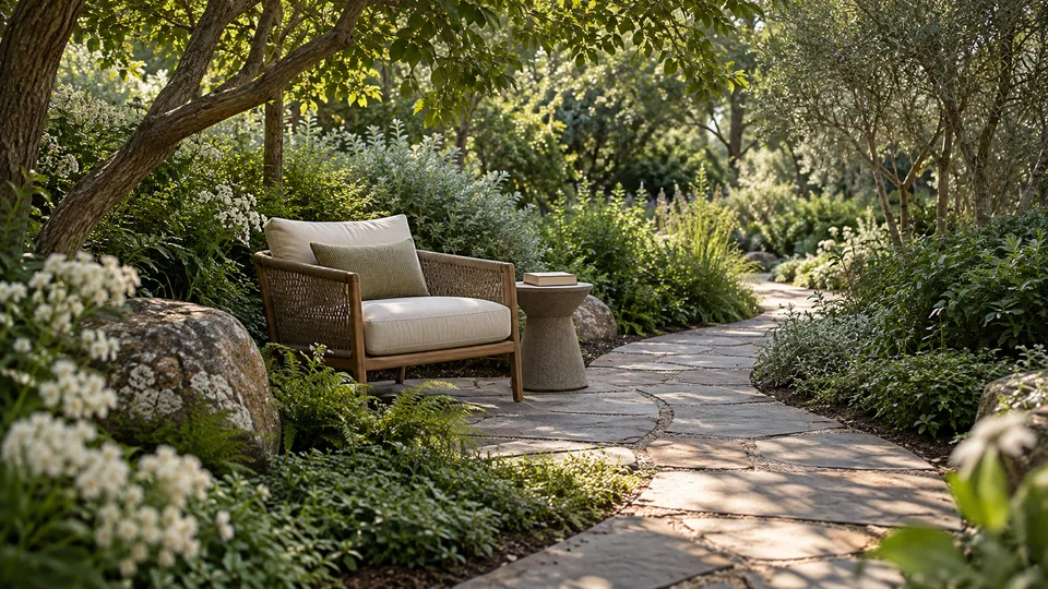 A shaded garden path beside a comfortable chair and small table with a book.