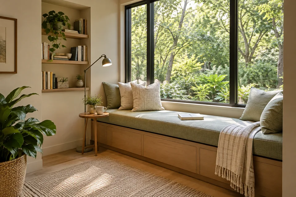 A private reading nook with a compact wall library, warm reading light and a comfortable window seat.