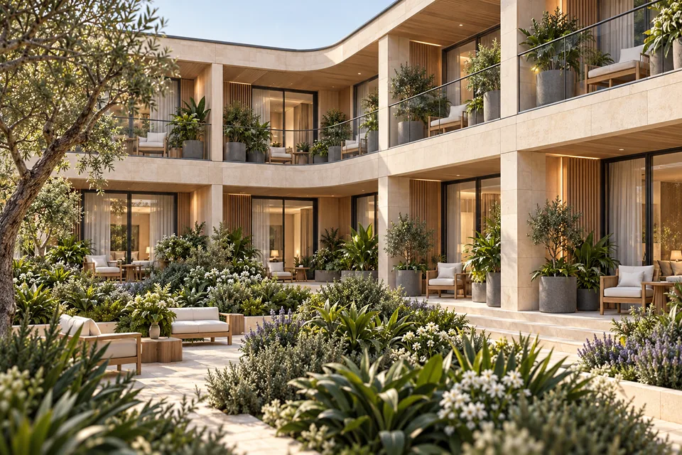 View of a two-floor closed courtyard-ring residence with balconies, rounded corners and a common roof approach, shown as a proposed building design.