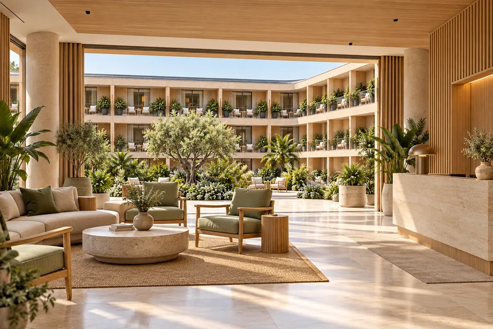View of a proposed guest reception lounge opening toward the planted courtyard of a connected residential building.