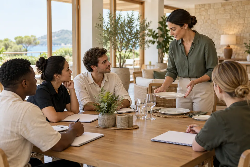 A hospitality team in a training session, illustrating the need for role preparation and supervision.
