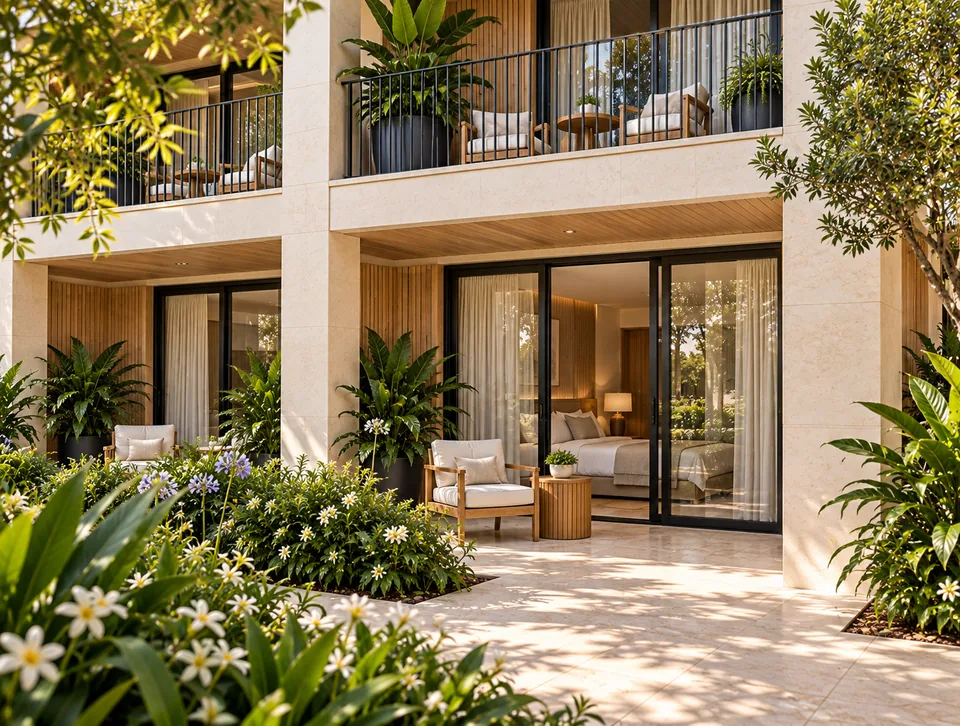 View of a courtyard residence and private ground-floor terrace.