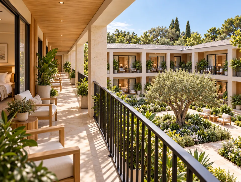 View of a shared balcony walkway overlooking courtyard gardens.