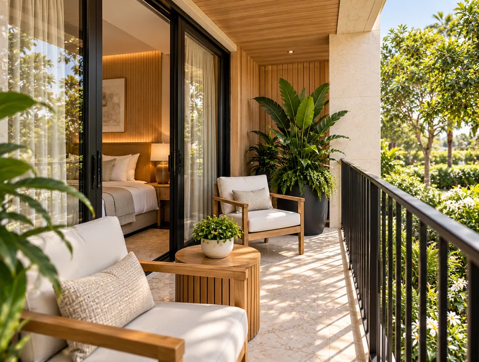 View from a private balcony looking into the landscaped residential courtyard.